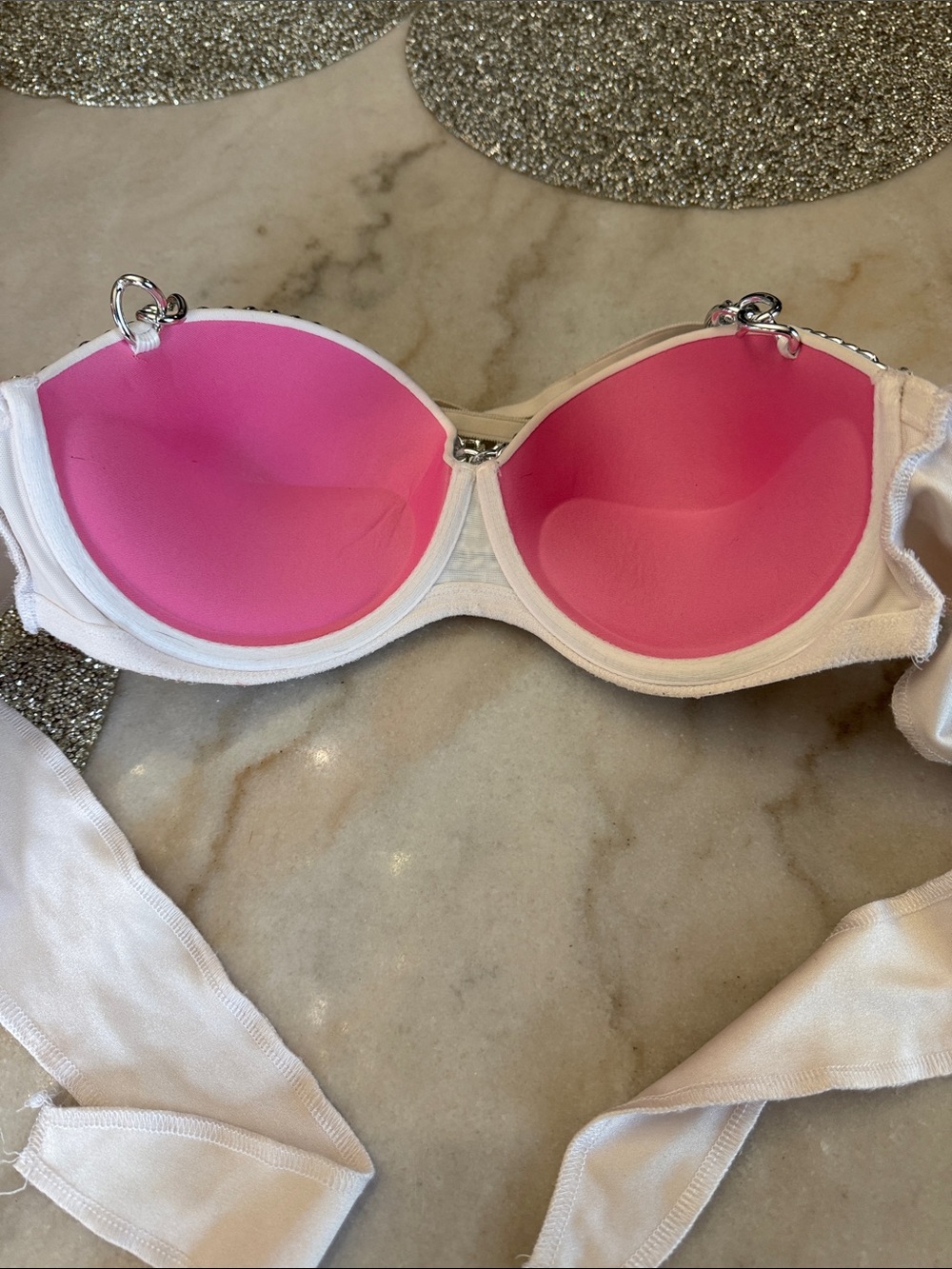 Embellished White Satin Bandeau Bra with Sequin Cups - Picture 6 of 7